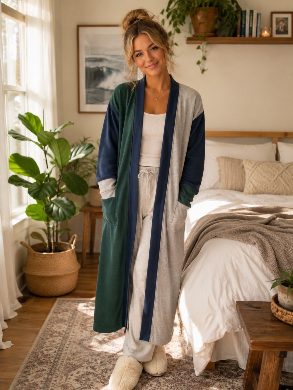 Vintage Christian Dior Monsieur Colorblock Fleece Robe One Size blue green gray